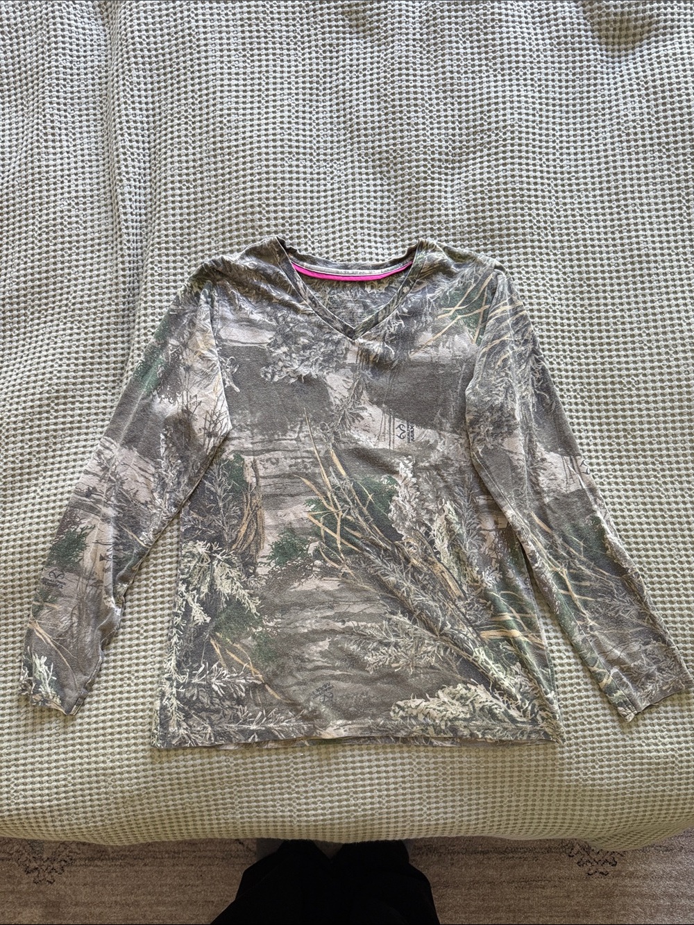 Realtree Women's Long Sleeve Woodland Camo V-Neck Tee with Pink Trim